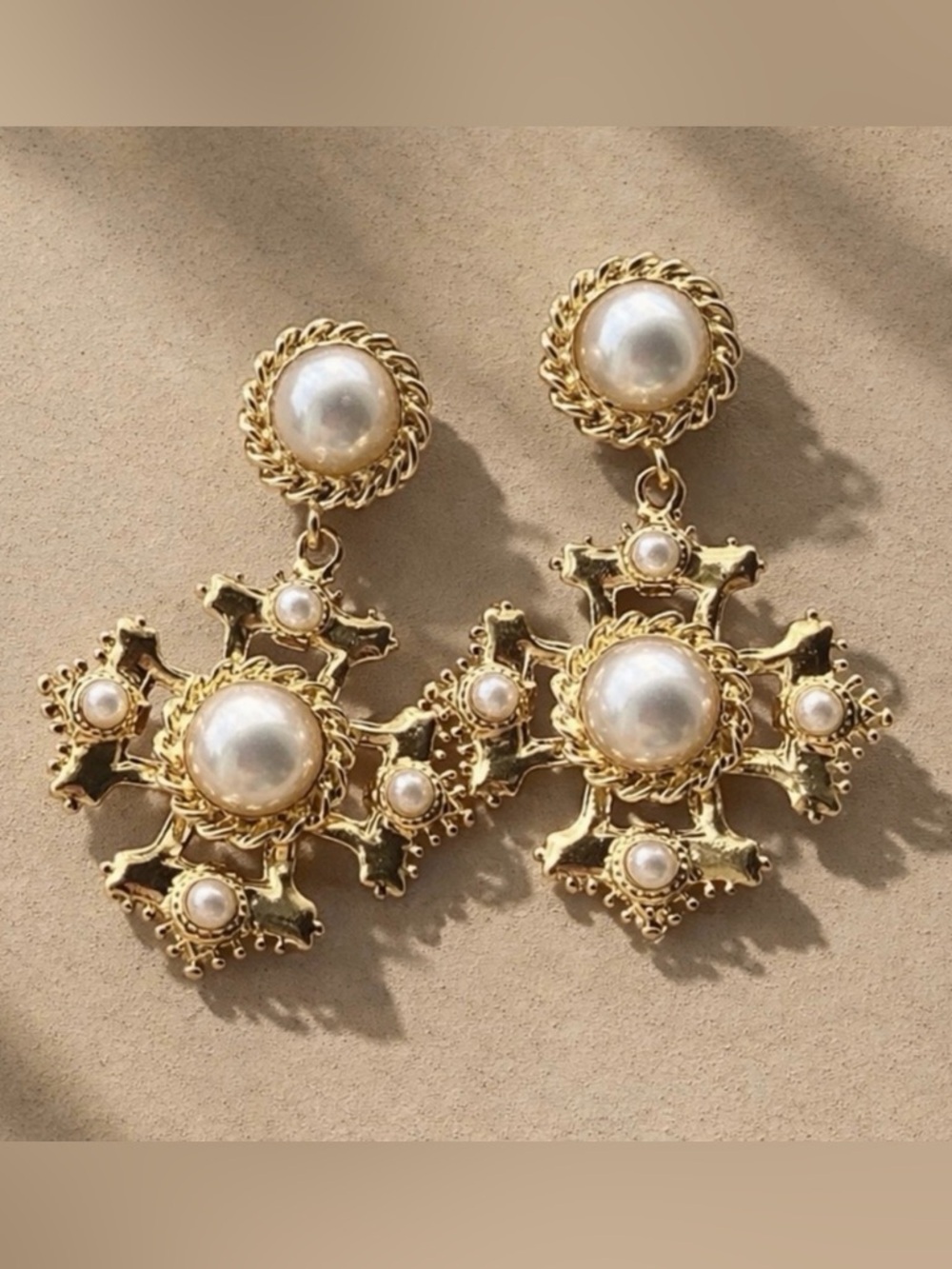 Anthropologie Gold and Pearl Cross Drop Earrings